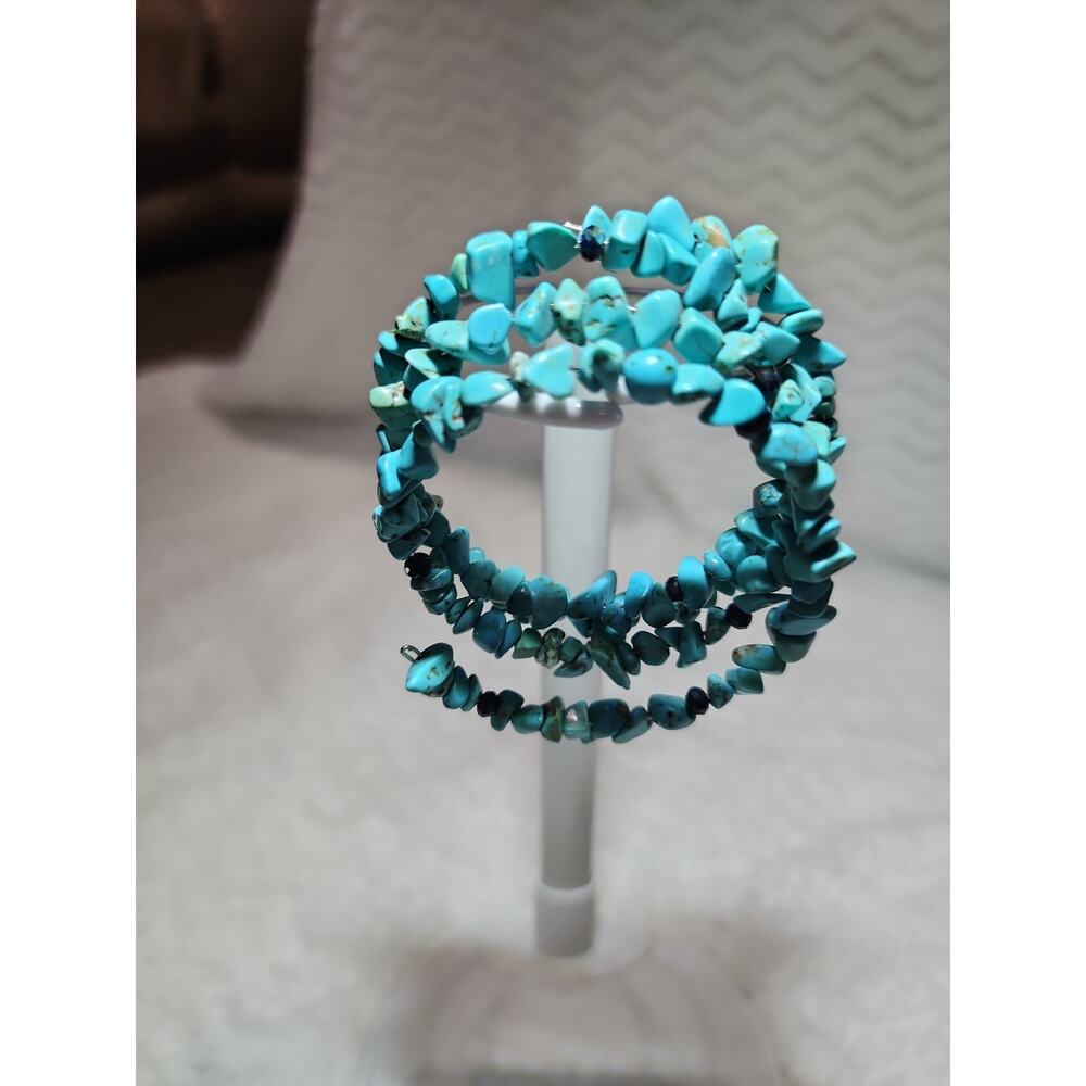 Handmade Boho Turquoise-Style Chip Memory Wire Wrap Bracelet – Multi-Row Stack - Picture 8 of 9